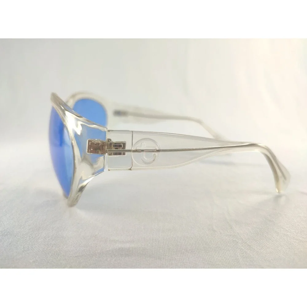Colossus Oversized Round Sunglasses Clear Crystal Frame Blue Lenses VTG Style